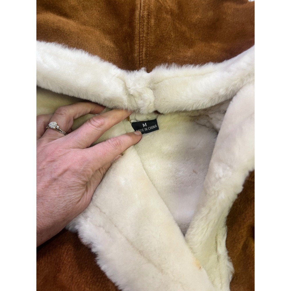 Suede Vintage Sherpa Lined Hooded Toggle Leather Coat Brown Womens Size M - Picture 6 of 14